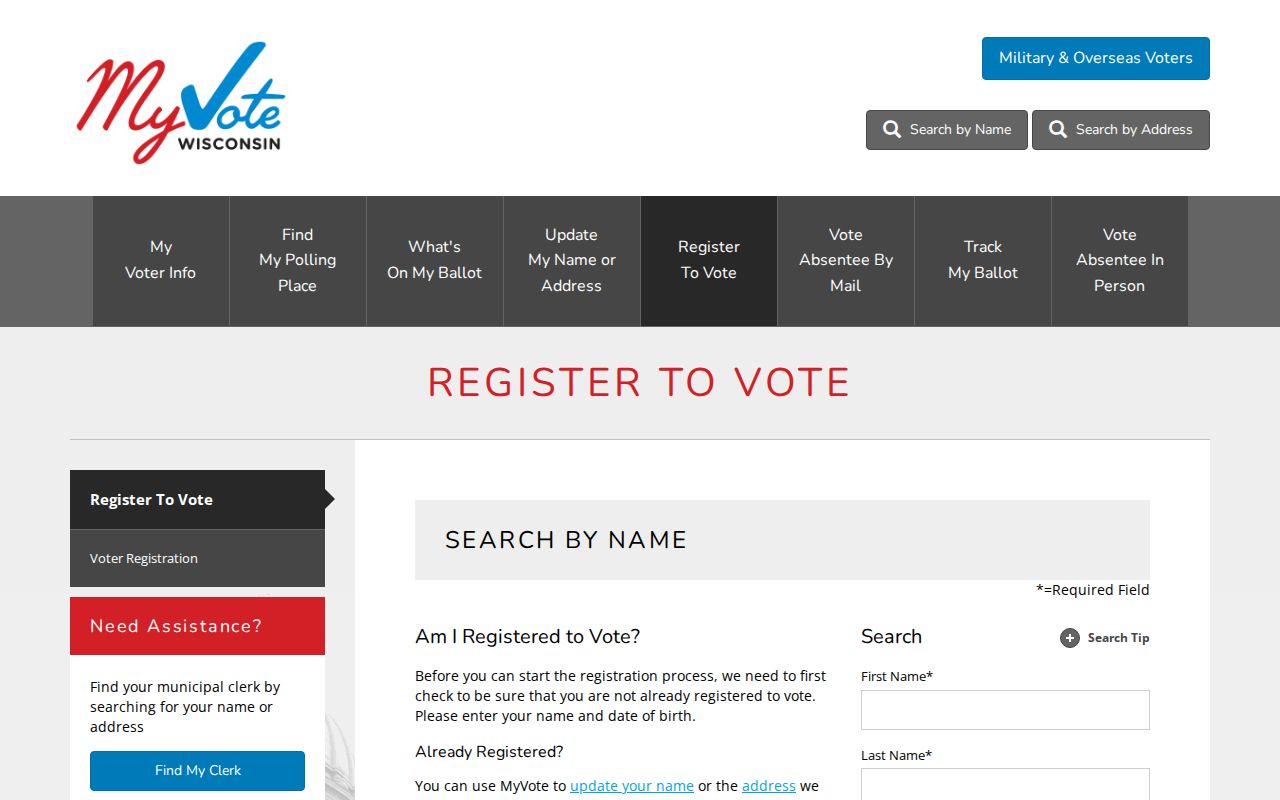Wisconsin MyVote search screen for a Brookfield voter lookup