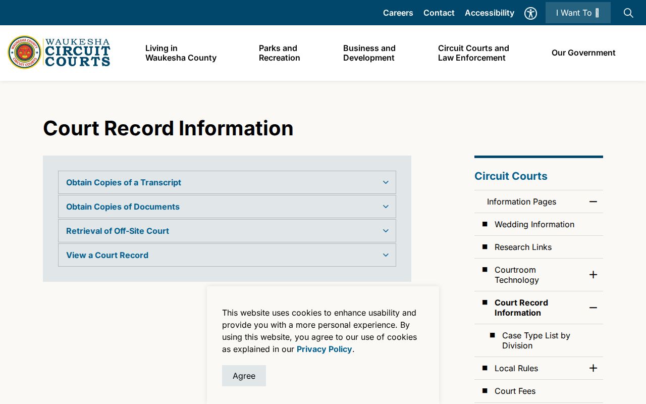Waukesha County court record information page used for Brookfield resident verification